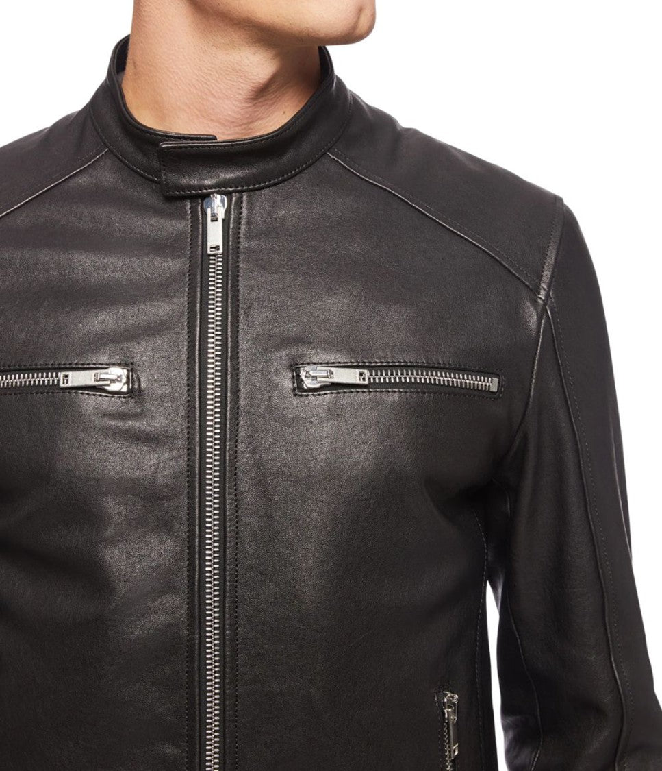 Dondup Smooth Black Leather Jacket With Stand Collar And Zippered Pockets