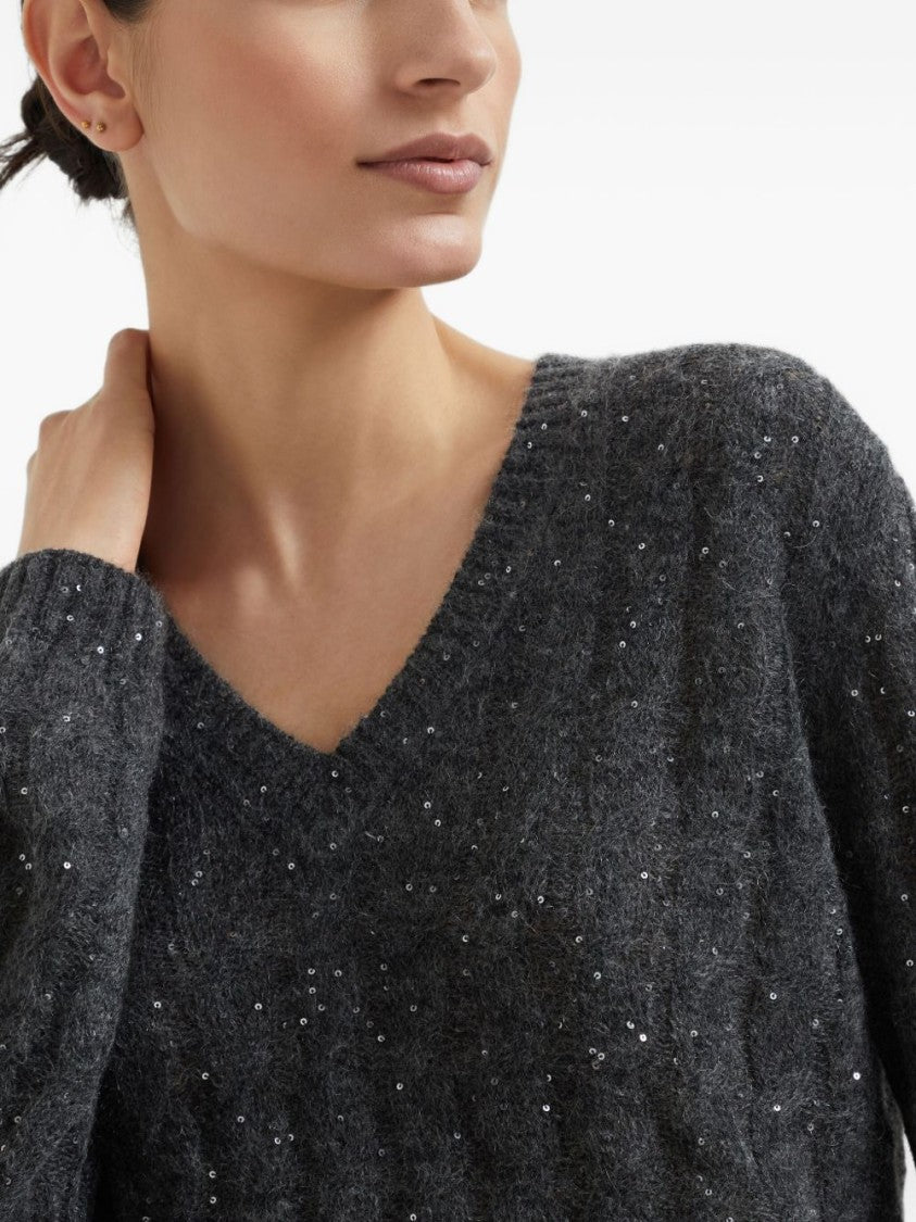 Brunello Cucinelli Anthracite Grey Cable Knit Wool Sweater