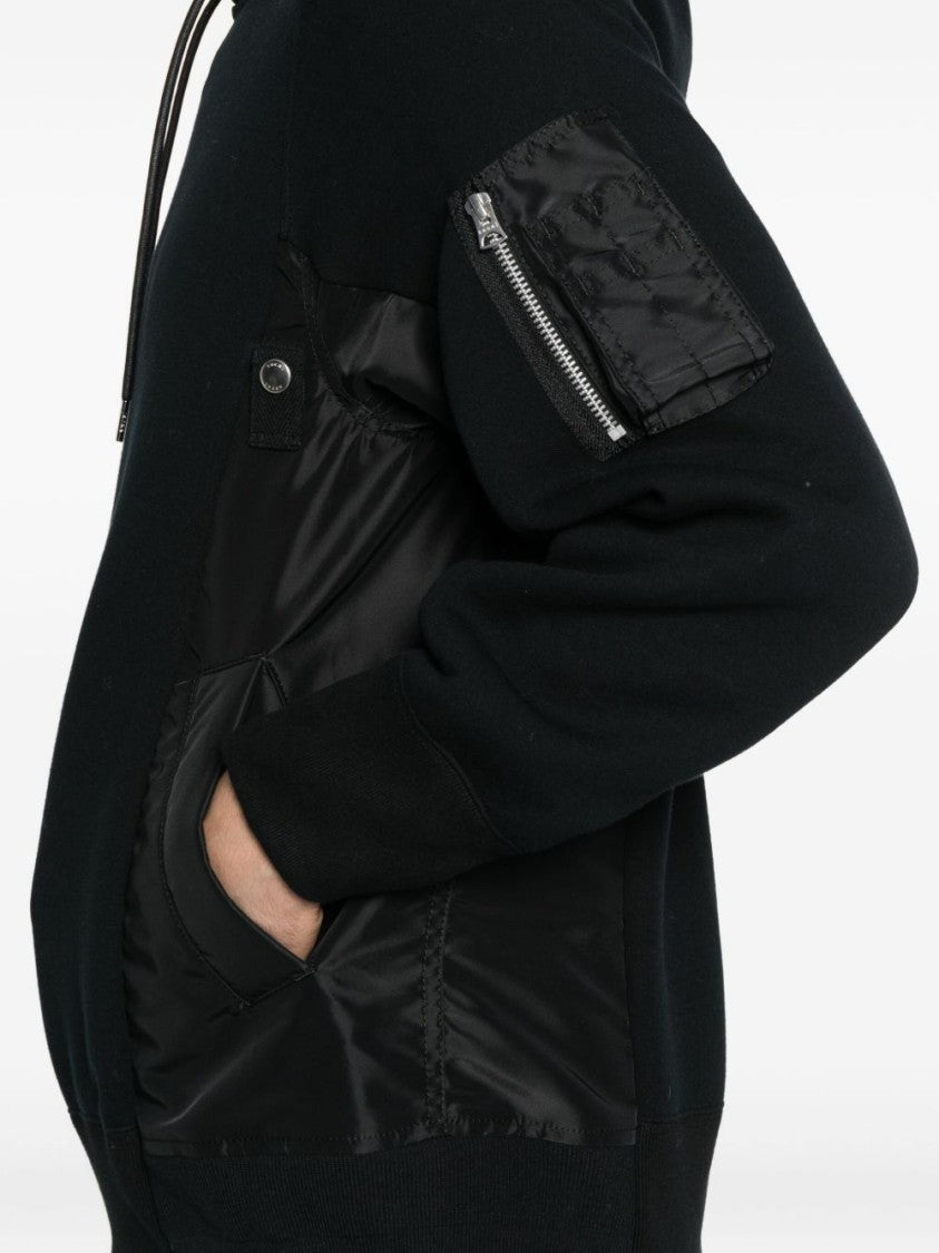 Sacai Black Hoodie With Shiny Fabric Panels And Zippered Pocket