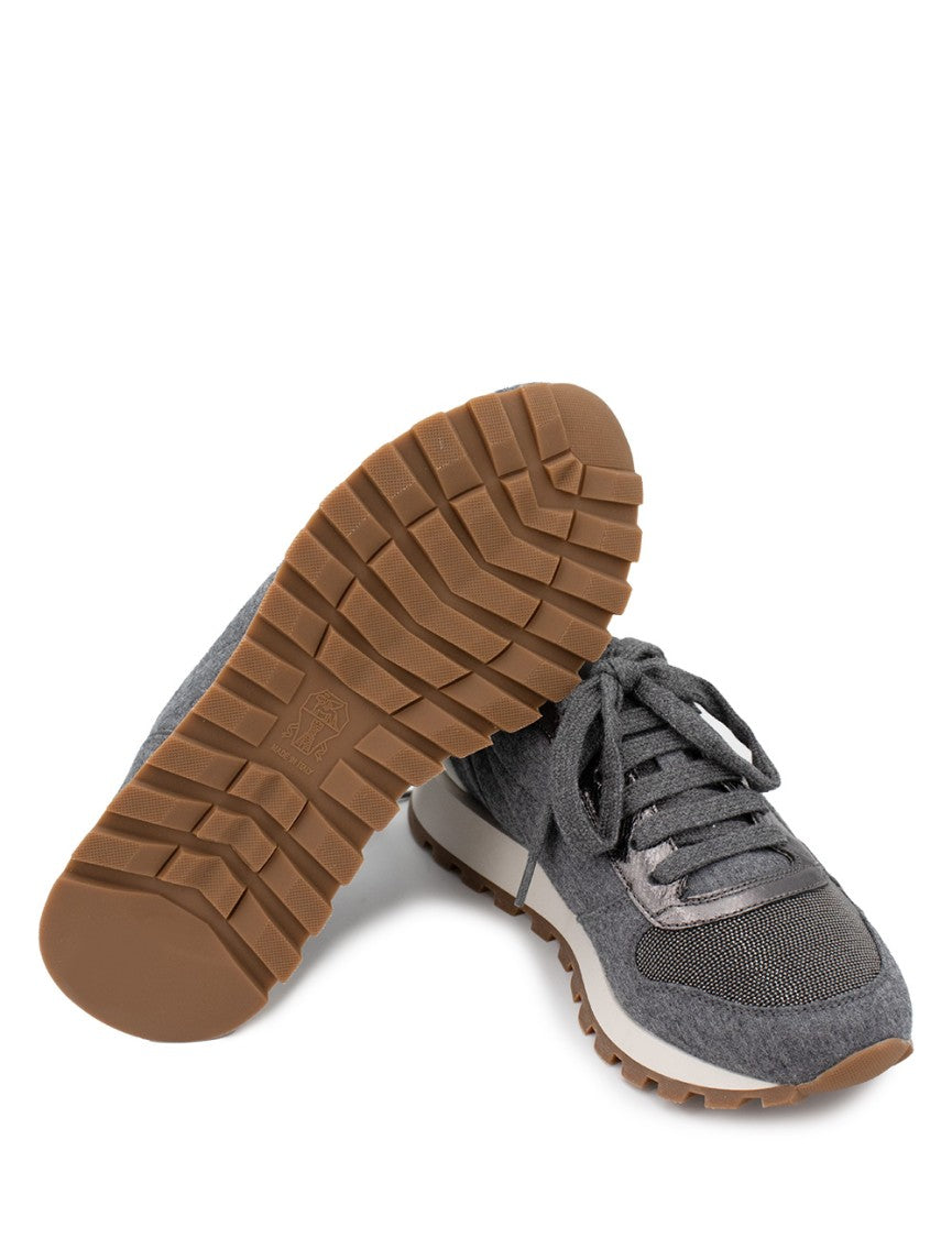 Brunello Cucinelli Wool Flannel Runners With Metallic Calfskin Accents