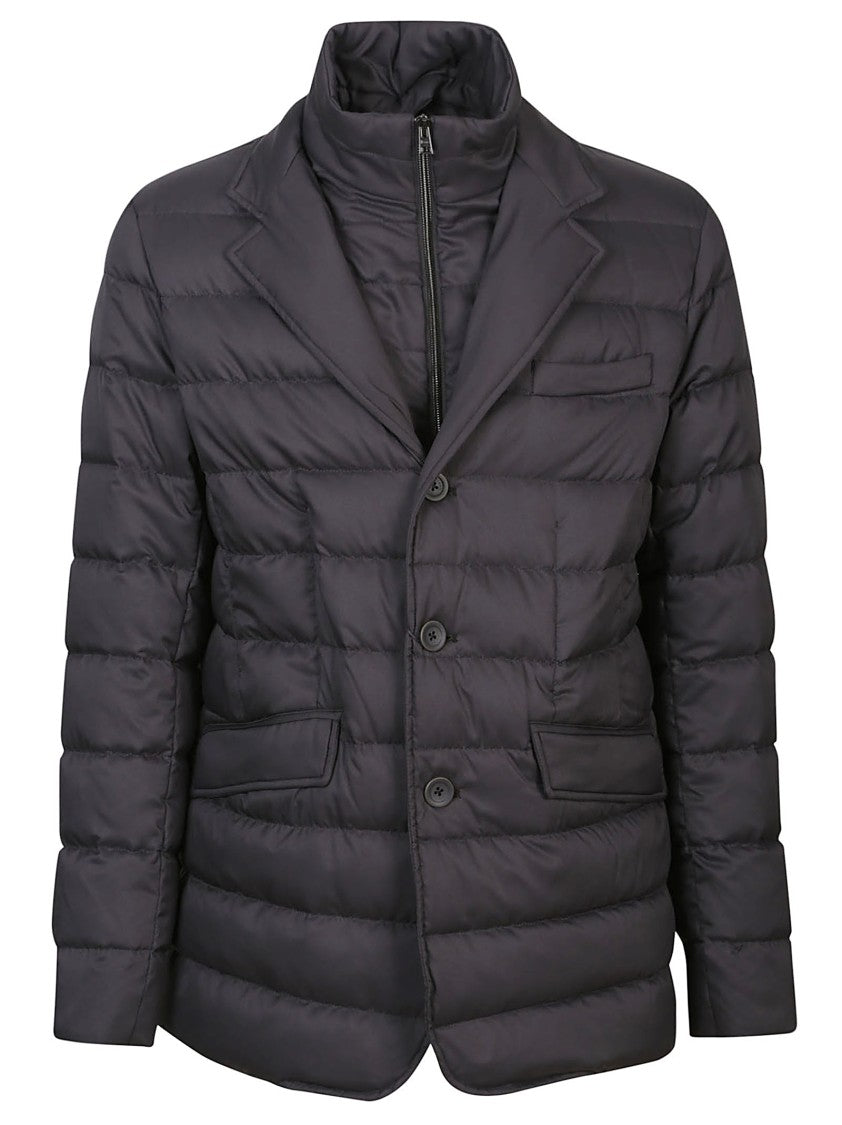 Herno Quilted Grey Blazer With Alcantara Undercollar And Removable Bib