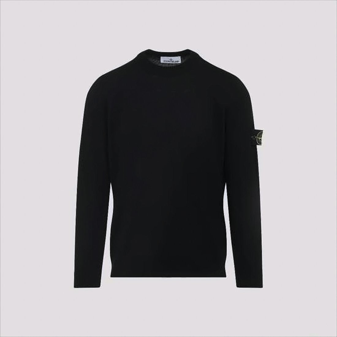 Stone Island Classic Black Wool Crew Neck Sweater With Iconic Patch