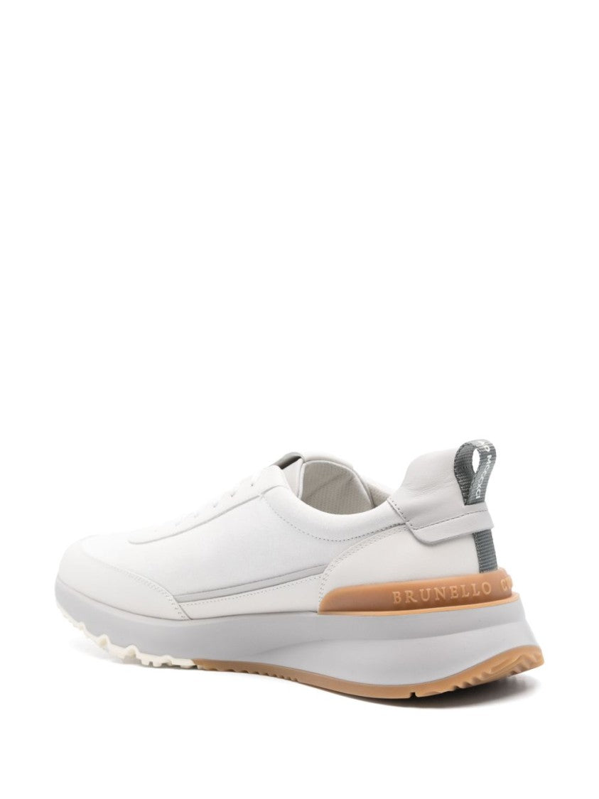 Brunello Cucinelli Low-Profile White Sneakers With Tan Accents And Grey Pull Tab