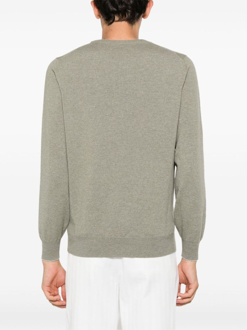 Brunello Cucinelli Light Olive Green Cashmere Sweater With Contrasting Trim
