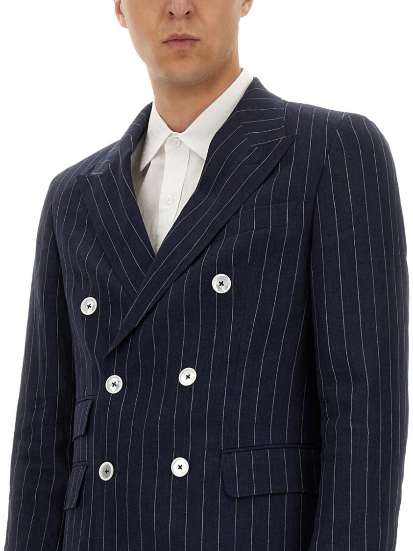 Boss Camel Tailored Double-Breasted Linen Suit With Pinstripe Design