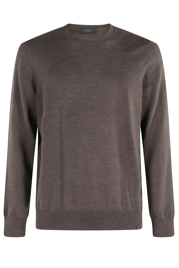 Fay Cocoa Wool Sweater With Round Neckline And Long Sleeves