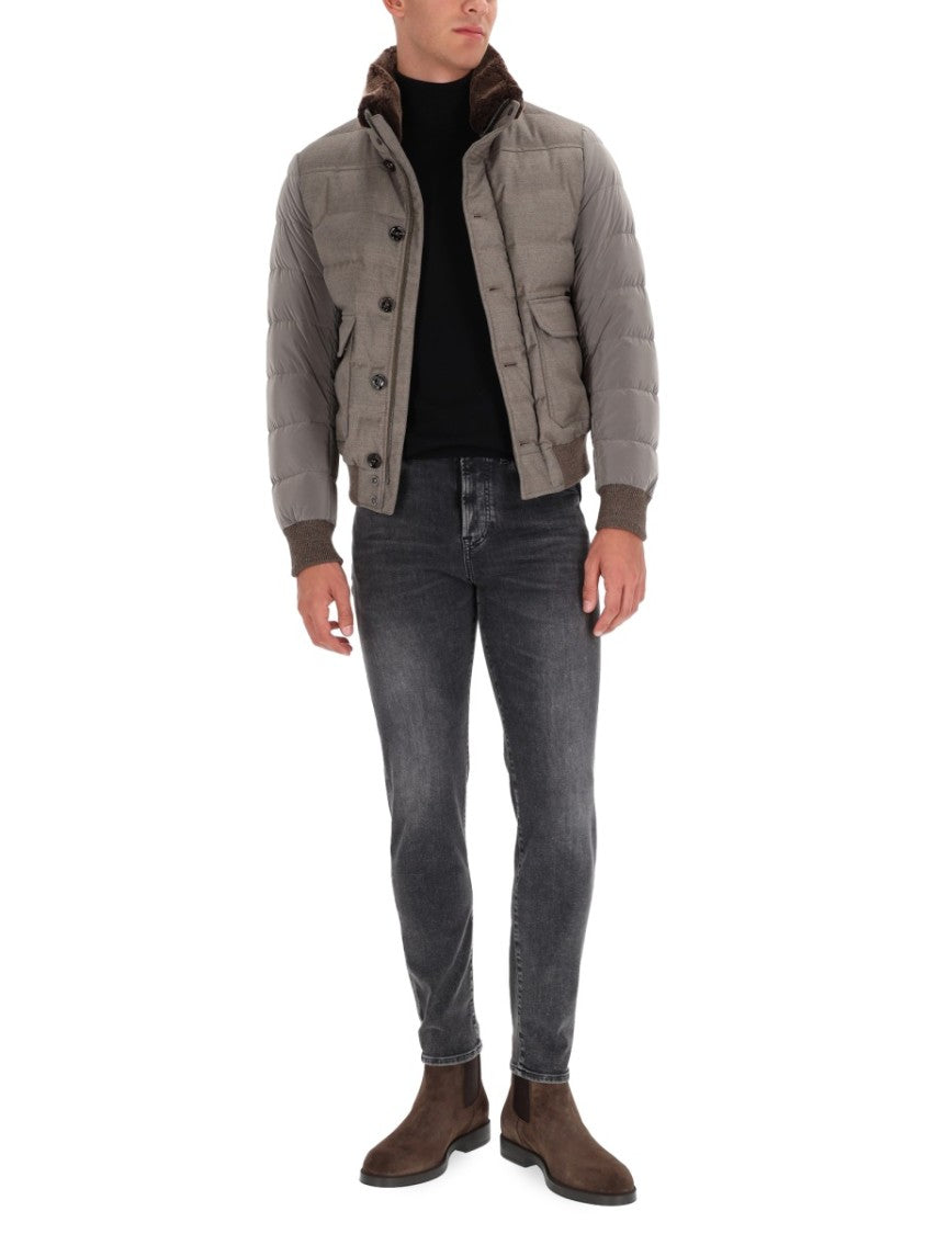 Moorer Padded Grey Jacket With High Faux Fur Collar And Quilted Design