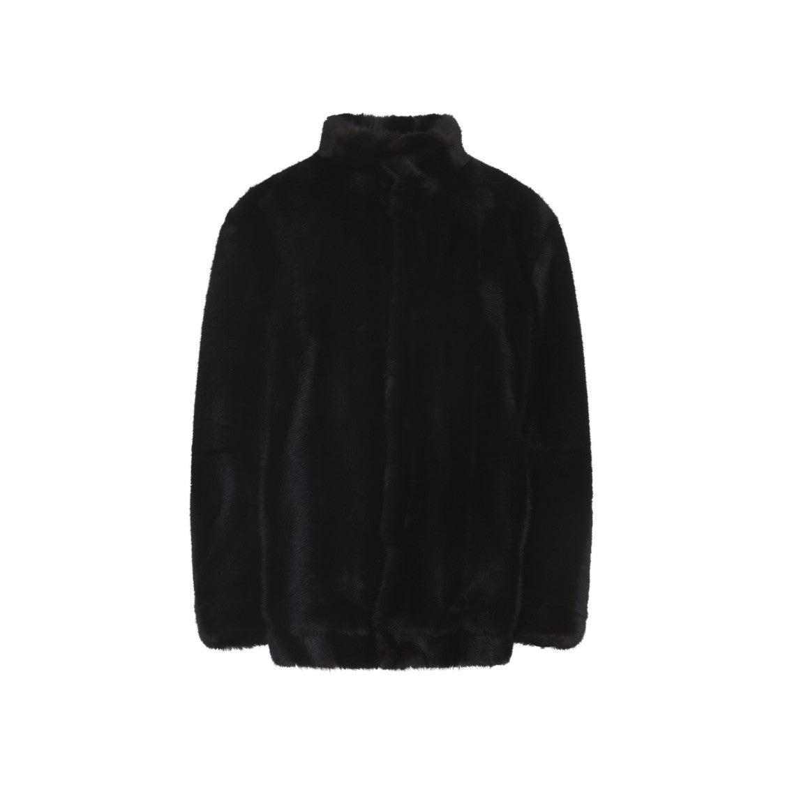 Mm6 By Maison Margiela Plush Black Faux Fur Jacket With High Collar And Relaxed Fit