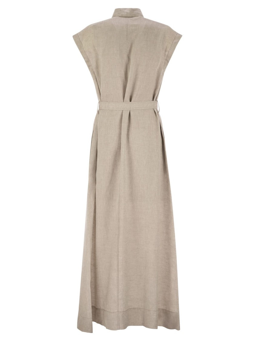 Brunello Cucinelli Dress In Linen With Shiny Collar
