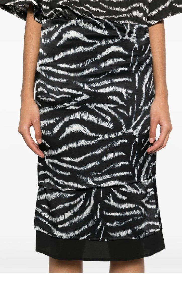 The Attico Zebra Print Layered Midi Skirt With Textured Accent
