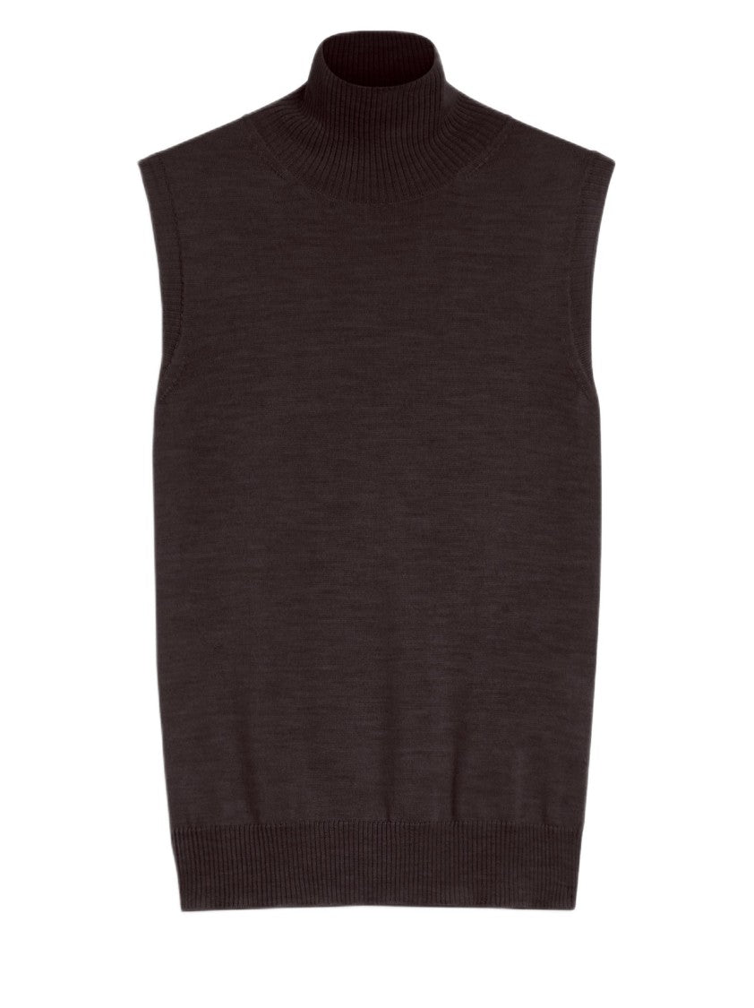 Sportmax Sleeveless Brown Turtleneck With Fine Wool Texture And Ribbed Trims