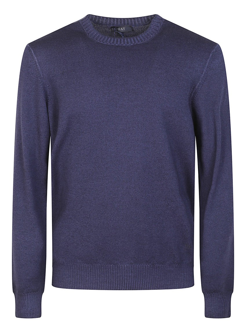 Fay Crew Neck Blue Virgin Wool Sweater With Iconic Logo
