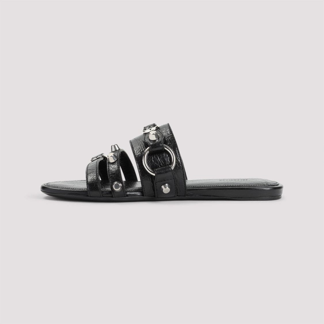 Balenciaga Flat Black Lambskin Sandals With Metallic Accents
