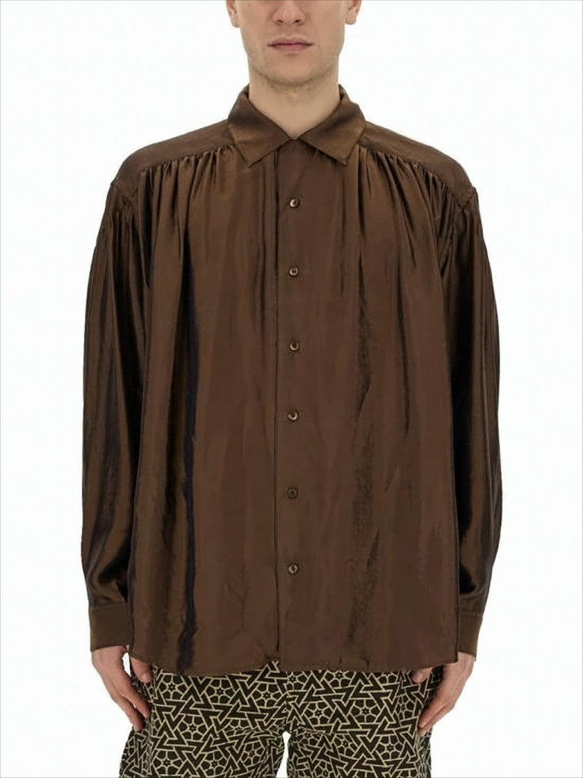 Aïe Long-Sleeve Brown Shirt With Gathered Shoulder Details