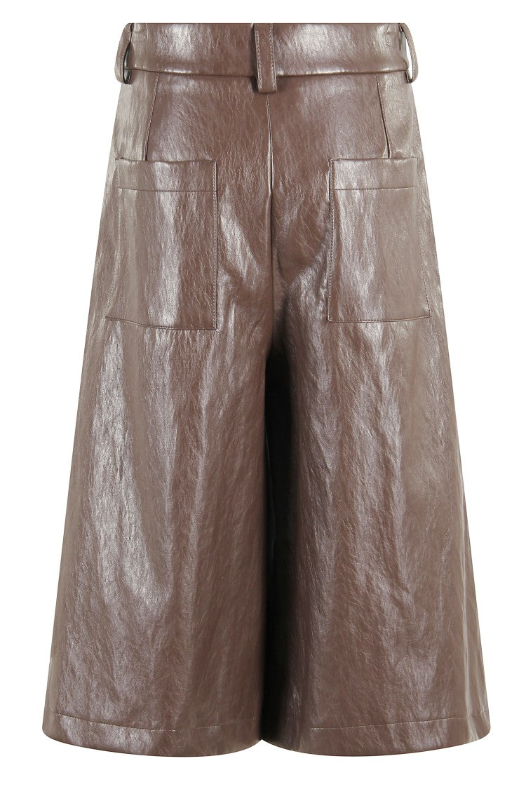 Solotre Fondant Faux Leather Wide Pants With Pleats And Pockets