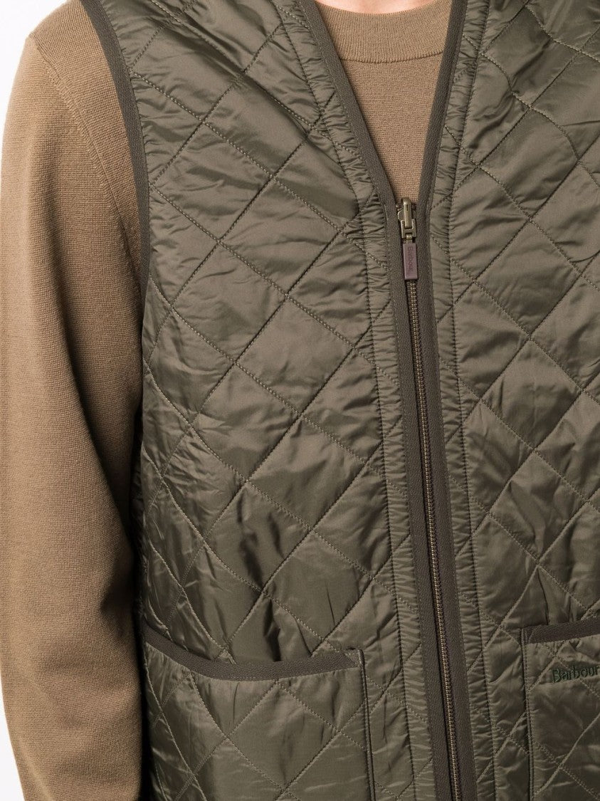 Barbour Olive Green Quilted Waistcoat With Embroidered Logo And Piped Trim