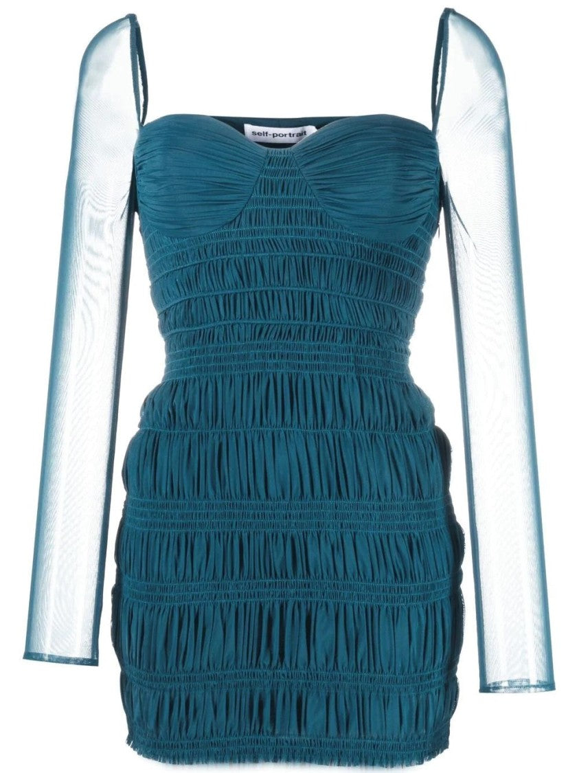 Self-Portrait Shirred Powermesh Mini Dress