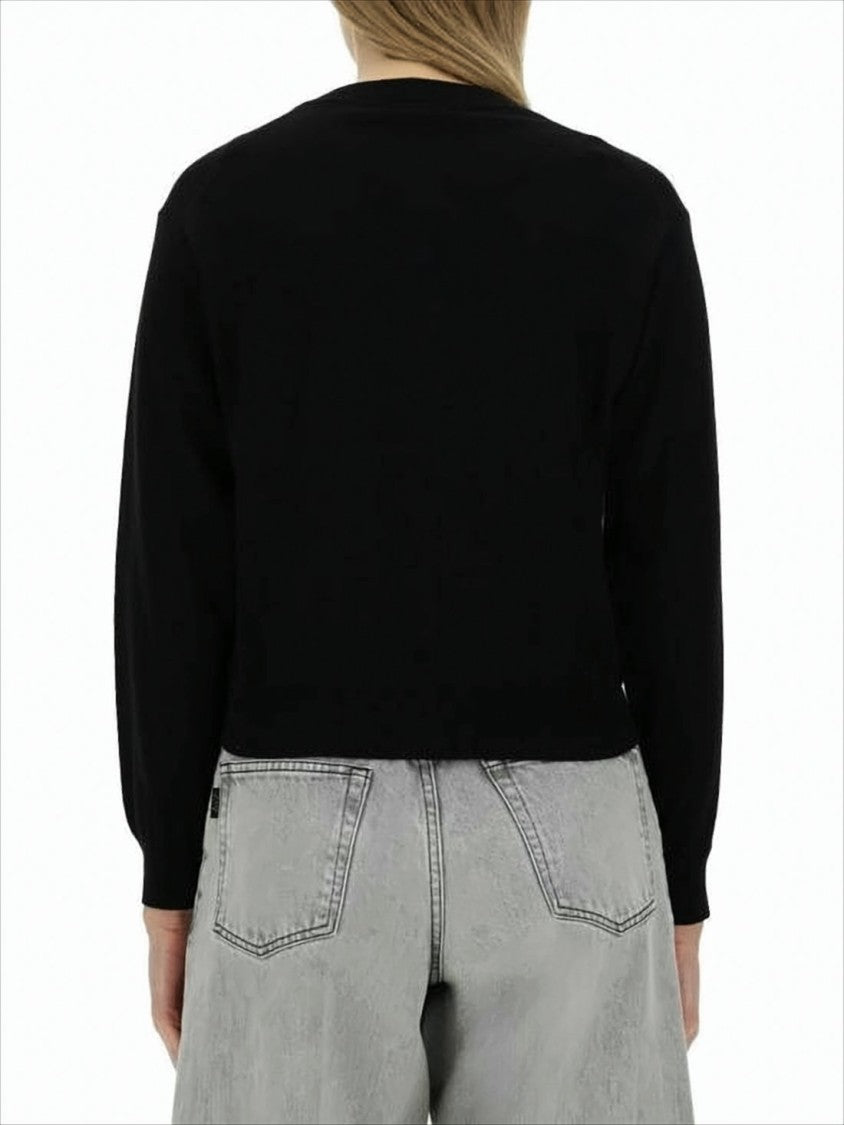Kenzo Cropped Black Wool Cardigan With Button-Down Front And Embroidered Detail
