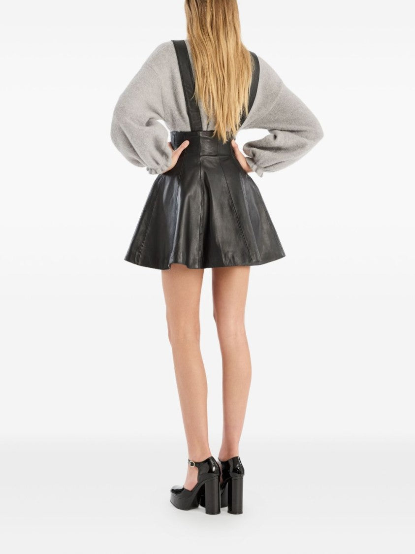 Rotate Flared Black Leather Mini Skirt
