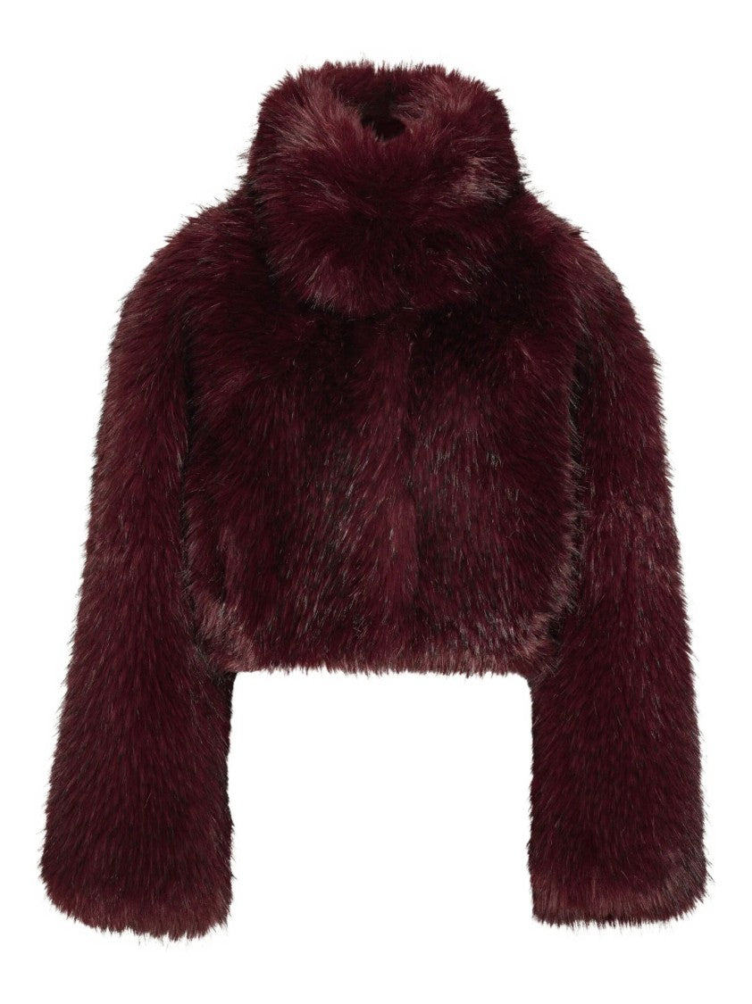 Rotate Cropped Jacket In Plush Burgundy Faux Fur