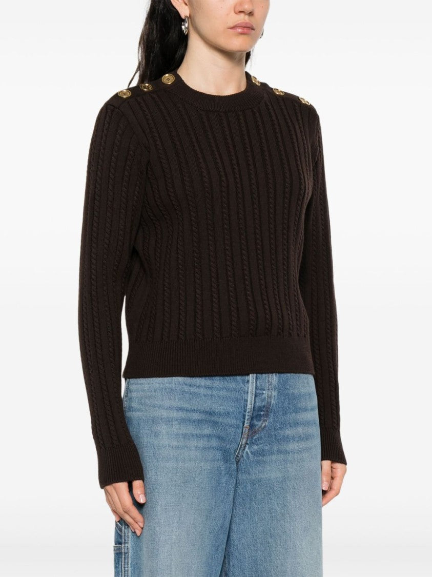 Golden Goose Cable-Knit Brown Sweater With Gold-Tone Button Detail