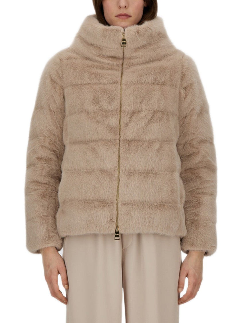 Herno Cropped Beige Coat With Horizontal Quilted Pattern And High Collar