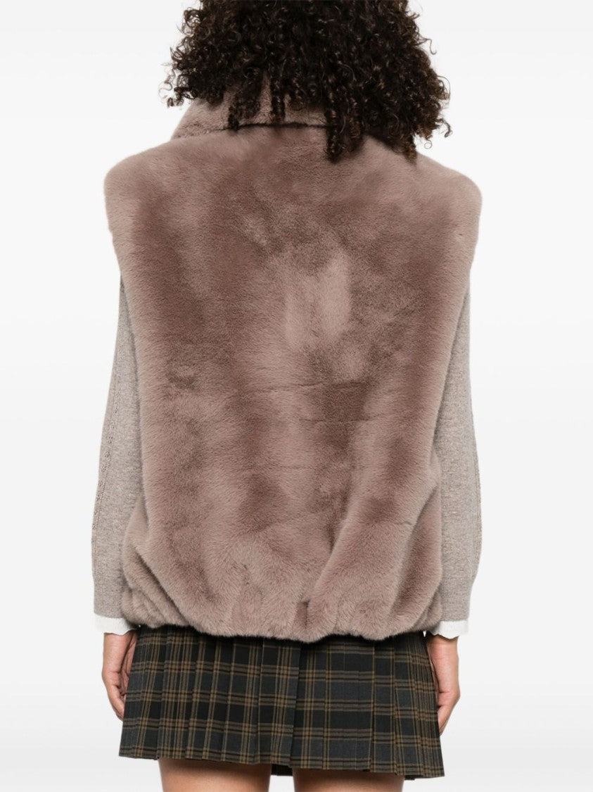 Pinko Beige Faux Fur Vest With High Collar