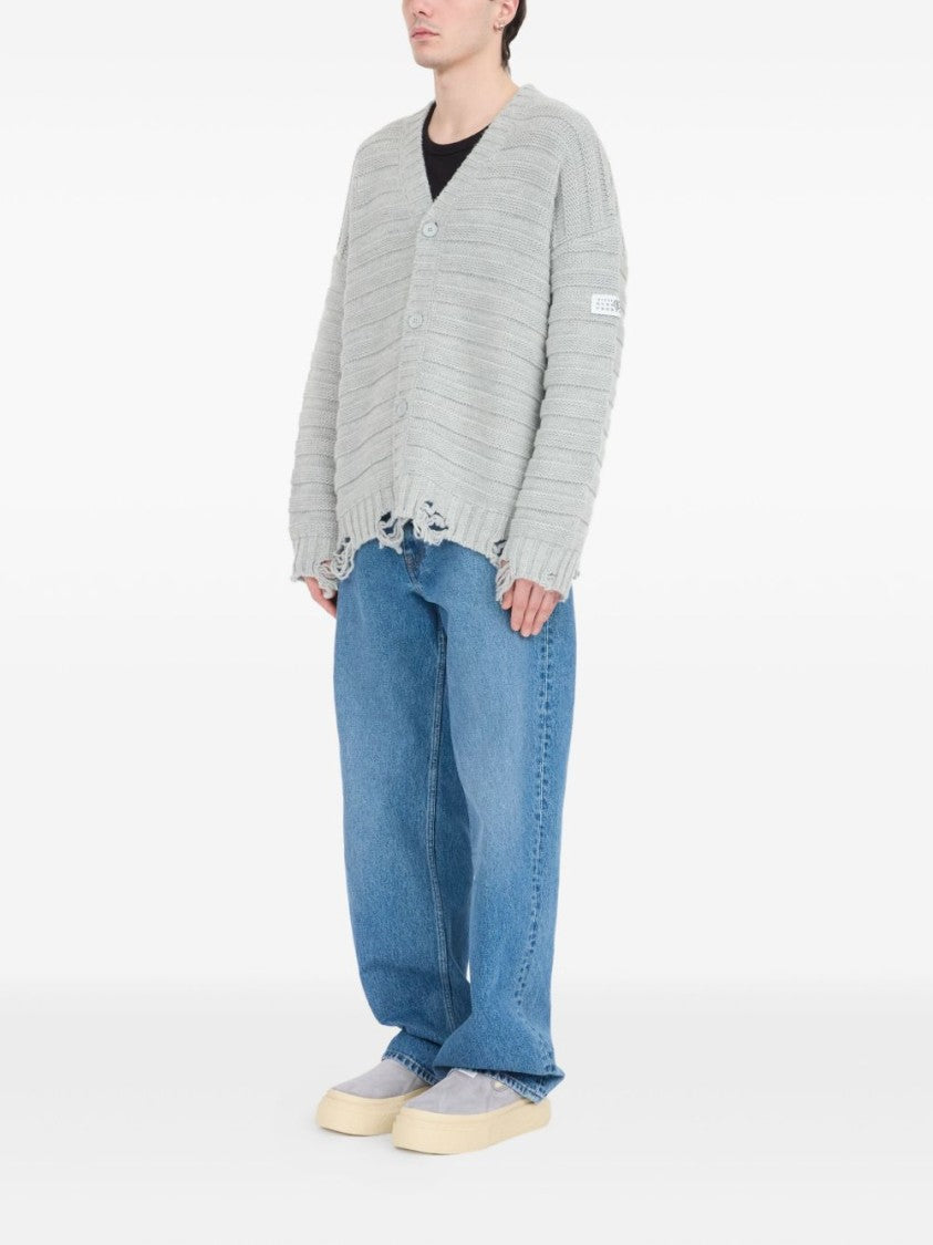 Mm6 By Maison Margiela Textured Ribbed Grey Cardigan With Button-Down Front