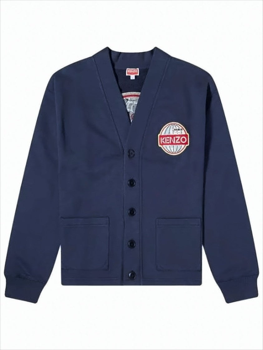 Kenzo Button-Up Cardigan With Embroidered Globe And V-Neckline