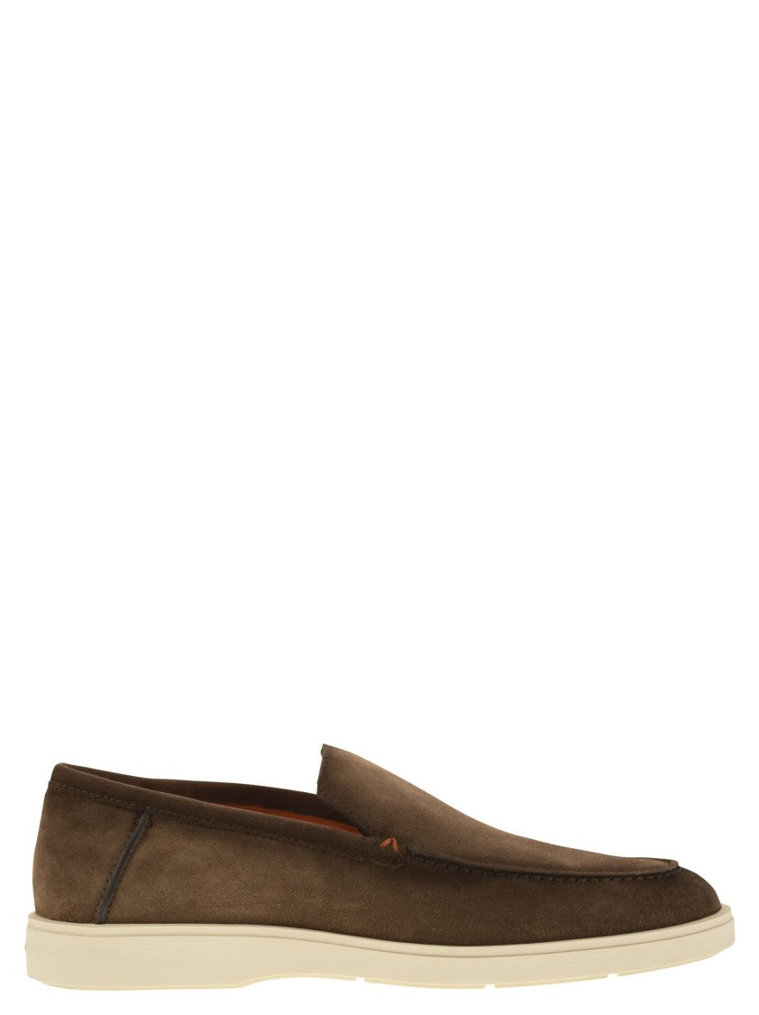 Santoni Brown Suede Moccasin With Orange Detailing