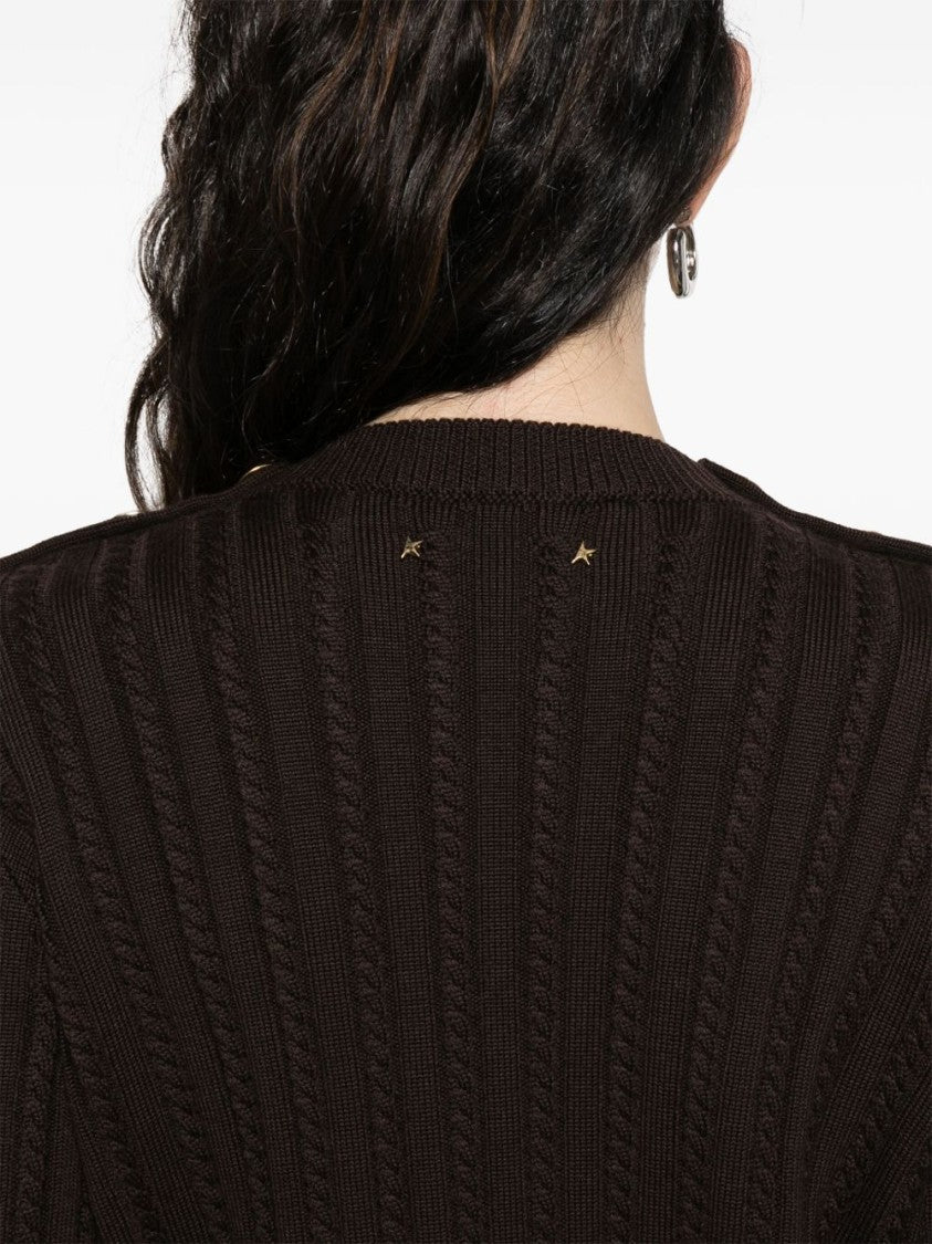 Golden Goose Cable-Knit Brown Sweater With Gold-Tone Button Detail