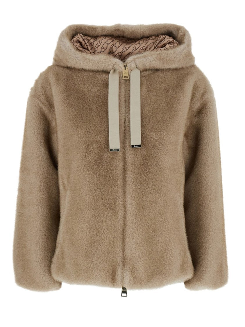 Herno Smooth Synthetic Fur Bomber Jacket With Hood And Zip Closure