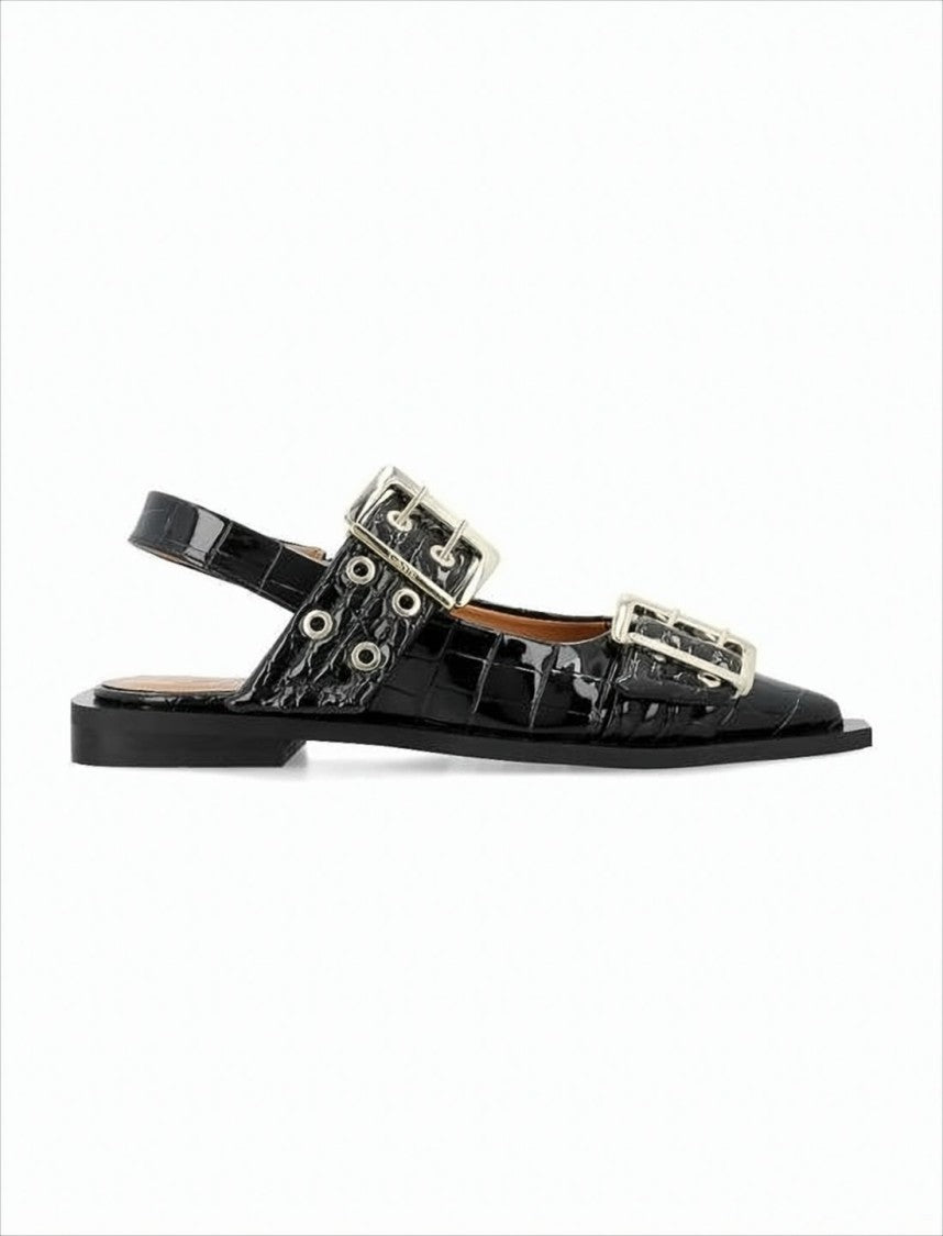 Ganni Pointed Toe Flats With Gold-Tone Buckles
