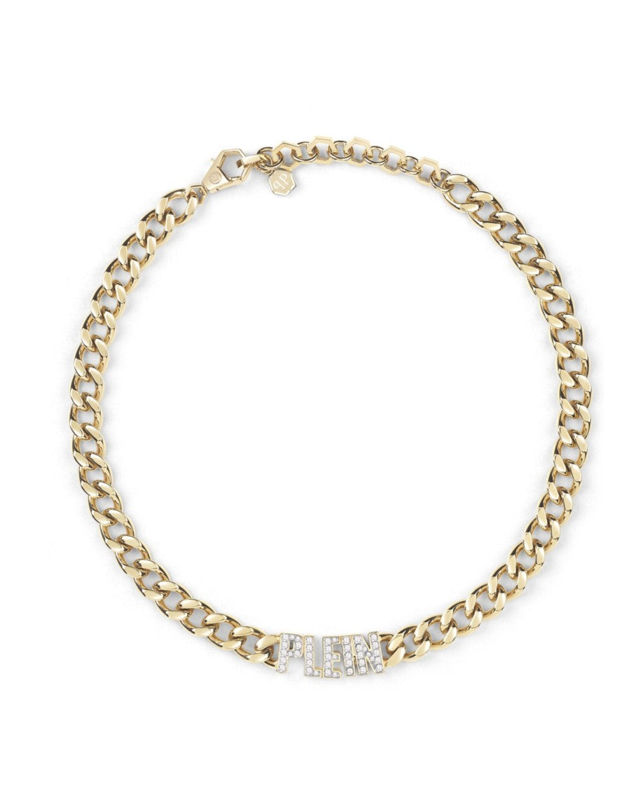 Philipp Plein Gold Chain Necklace With Crystals And Nameplate