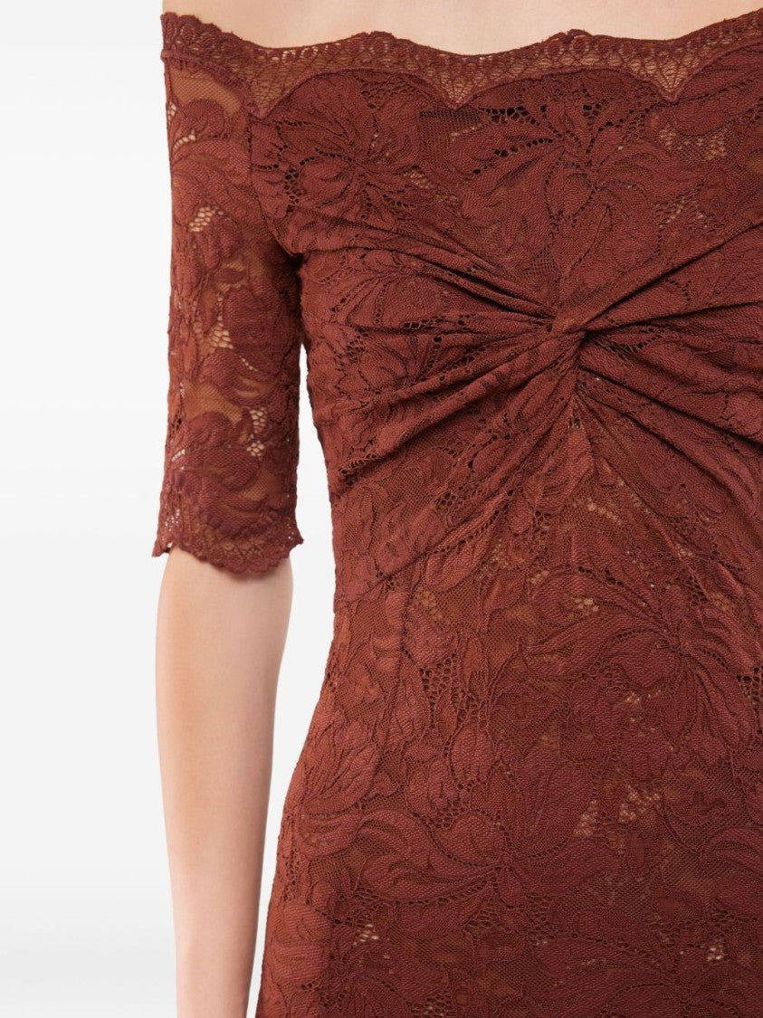 Rabanne Off-The-Shoulder Brown Midi Dress With Twisted Knot Detail
