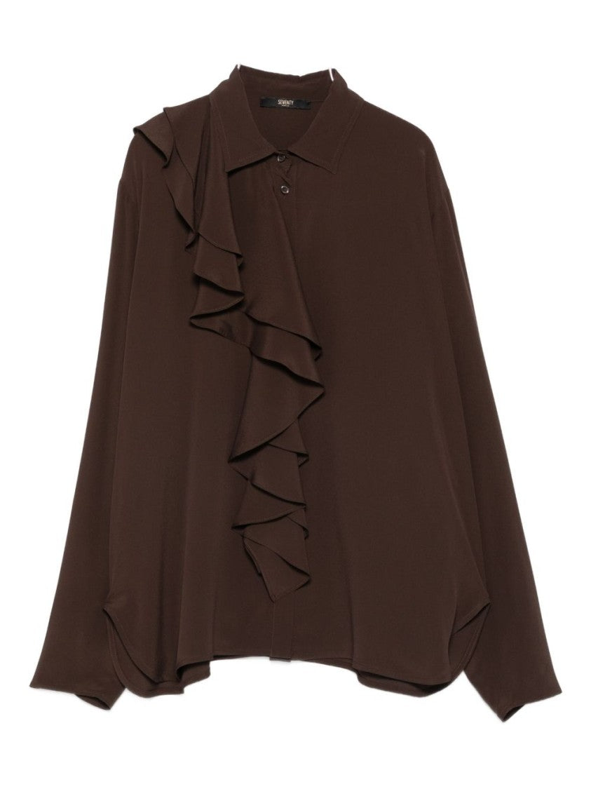 Seventy Sergio Tegon Asymmetrical Ruffle Detail Brown Blouse