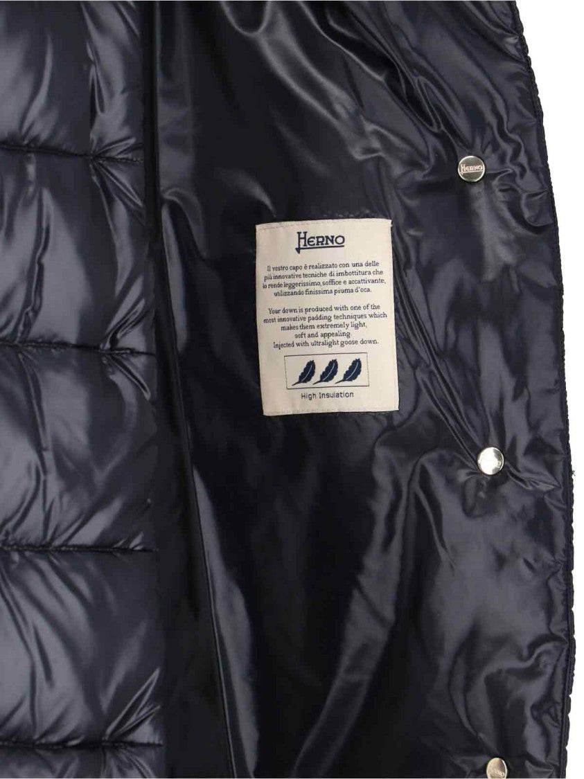Herno Navy Long Puffer Jacket With High Collar