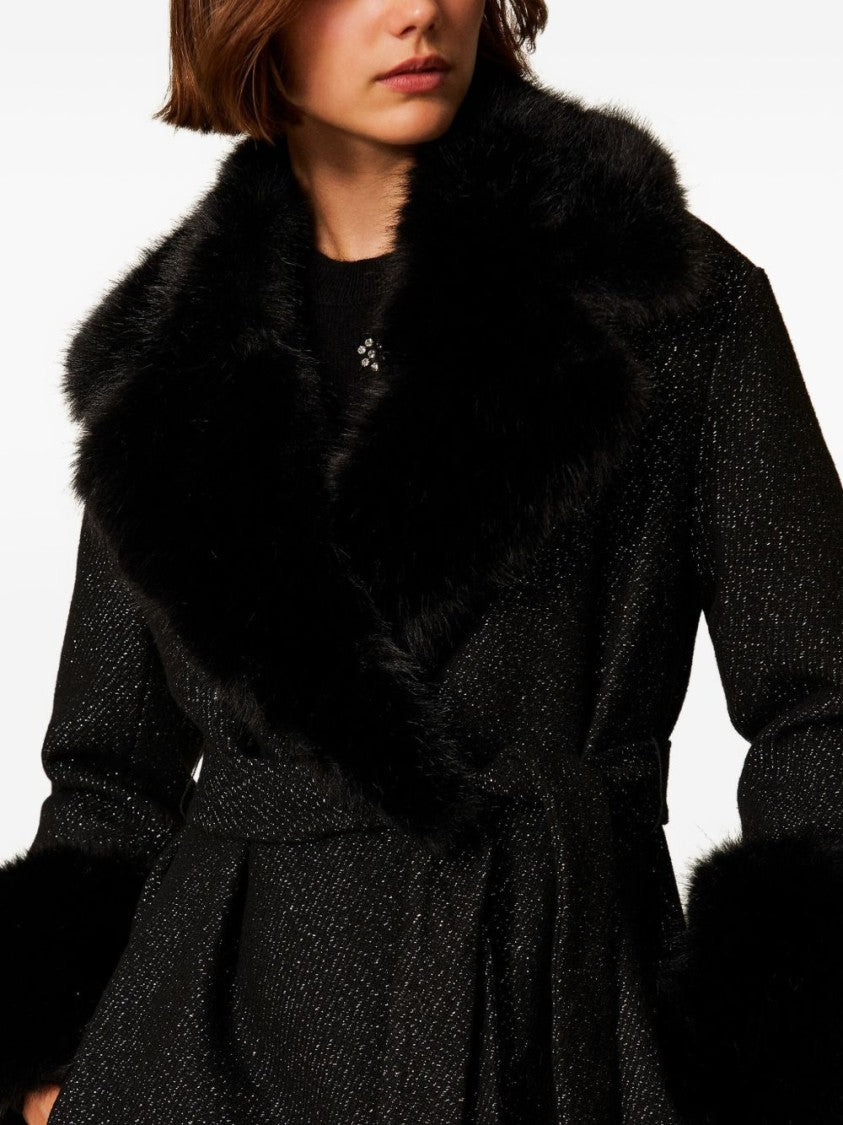 Twin-Set Textured Black Coat With Fur Trim