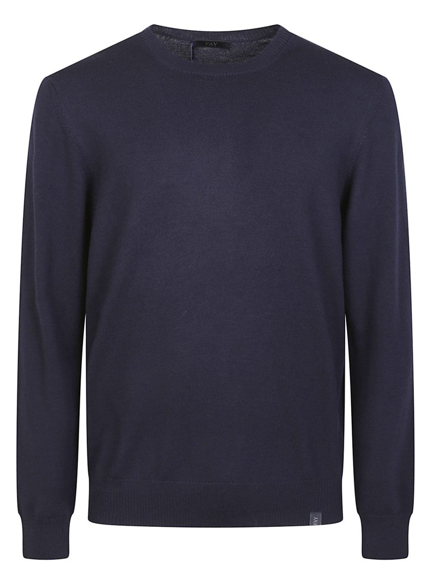 Fay Crew Neck Navy Virgin Wool Sweater With Iconic Logo