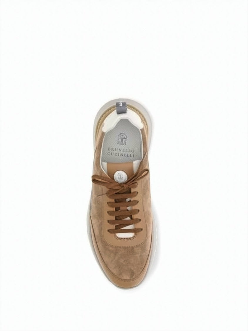 Brunello Cucinelli Warm Brown Calf Leather And Suede Sneakers With Elevated Sole