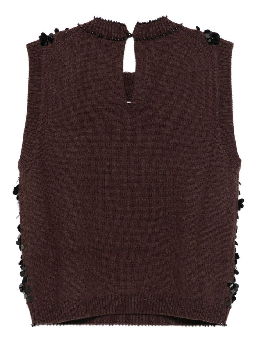 Semi Couture Sleeveless Brown Sweater With Sequined Embellishments