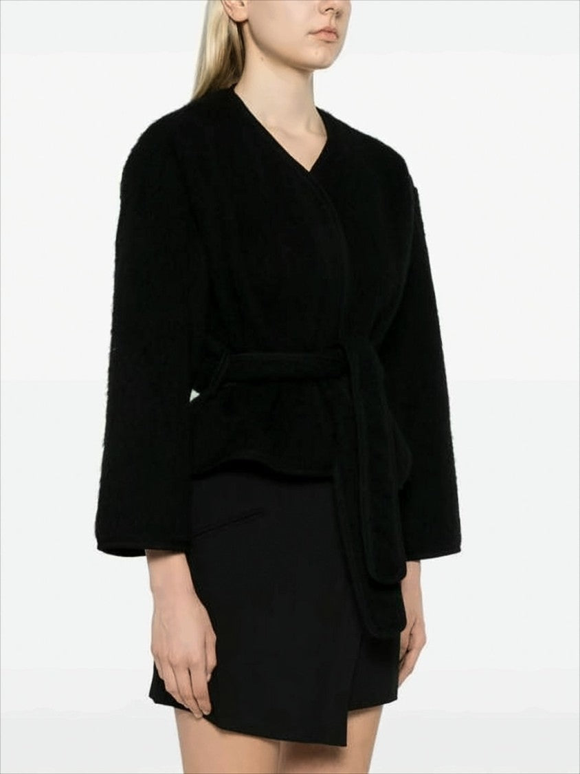 Baserange Cropped Black Wool Jacket With Wrap-Style Front And Belt