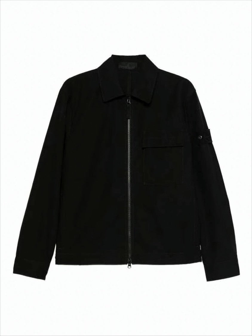 Stone Island Minimalist Black Cotton Jacket With Front Zipper Closure
