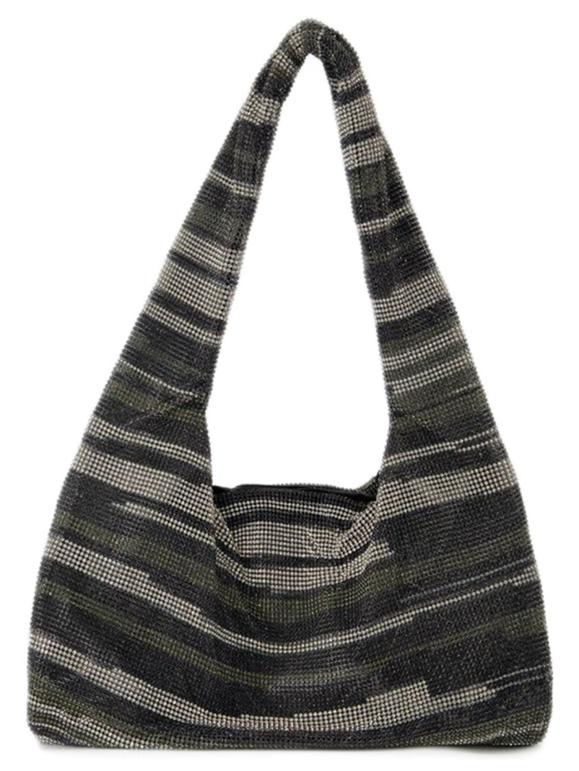 Kara Crystal Mesh Armpit Hobo Bag  - Black Stripes - Strass