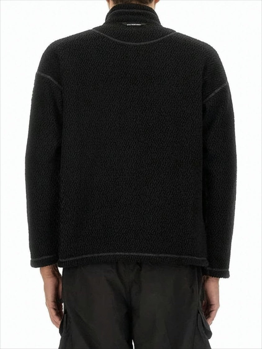 And Wander Textured Plush Black Casual Jacket With Stand Collar