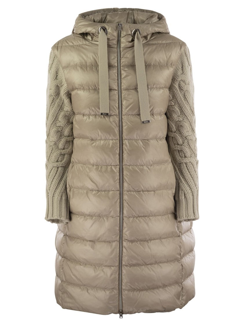 Herno Long Down Jacket With Wool Sleeves