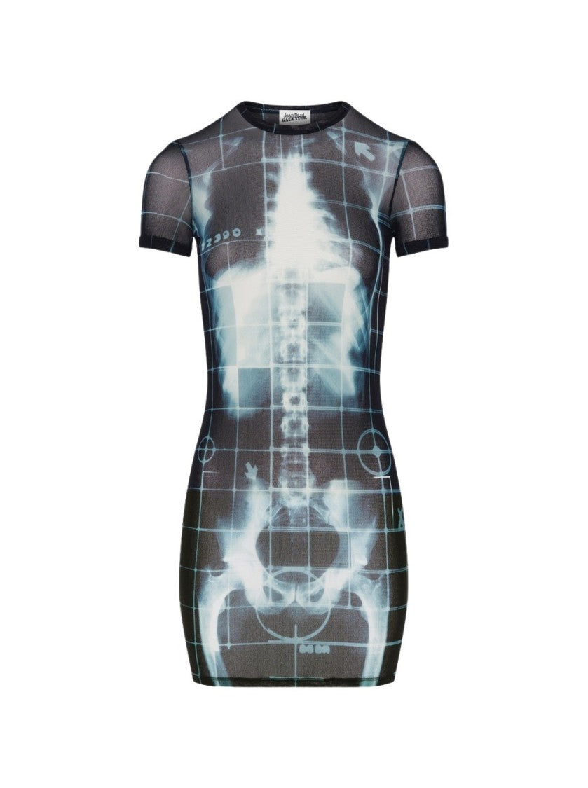 Jean Paul Gaultier Squeletor Printed Mesh Short Dress Black