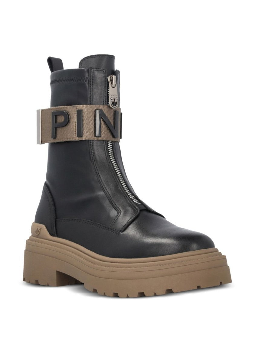 Pinko Chunky Sole Black Leather Boots