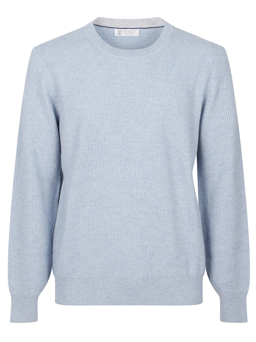 Brunello Cucinelli Ribbed Cashmere Knit Sweater With Classic Crew Neckline