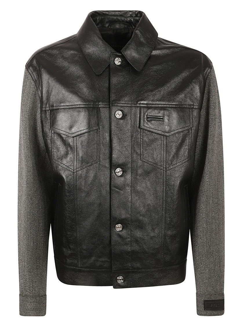 Versace Contrasting Black Leather And Textured Fabric Coat